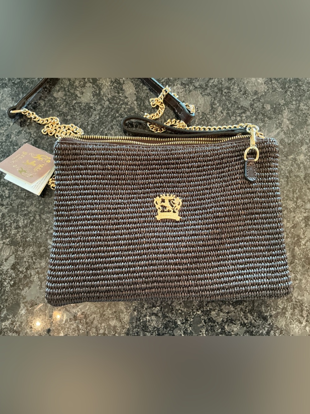 NWT Pratesi Firenze Montebonello Brown Woven Leather Clutch Crossbody with Chain